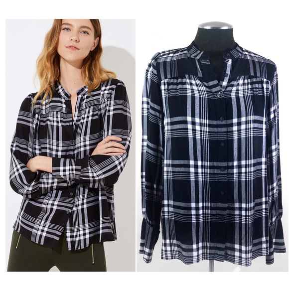 LOFT Tops - LOFT - Checkered Plaid Puff Sleeve Blouse
